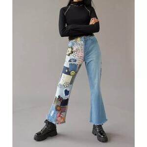 UO BDG Indigo Craft High Waisted Flare Jeans with Patchwork Detail Size 27 x 28